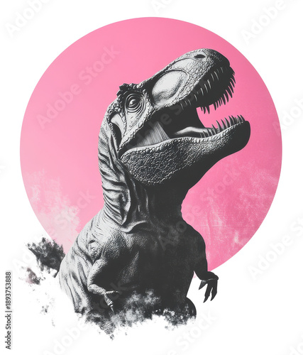 Tyrannosaurus rex artwork with a pink background and smoke effect
