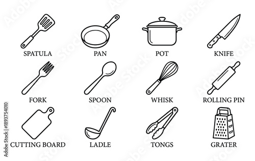 Kitchen Utensils Line Art Icon Set Minimalist Vector Graphics for Cooking and Culinary Design