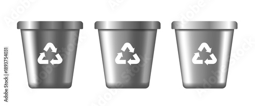 Metal containers for waste sorting. Recycling bins. Vector 3D illustration.