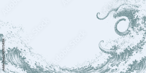 Print of waves and tentacles of a kraken with granular grain, speckled dust and faint worn marks on rough paper.