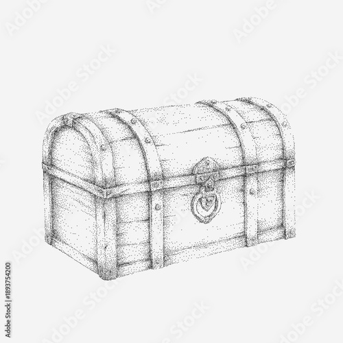 Illustration of a chest with gritty grainy panels. Stipple texture, threshold shading and speckled dust accentuate the worn and rough vintage wooden surfaces.