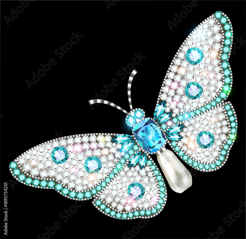 Illustration of a jewelry brooch butterfly with precious stones