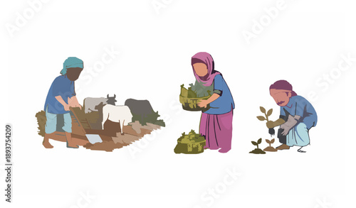 Cheerful South Asian Farmer Rural Life Vector Illustration Set