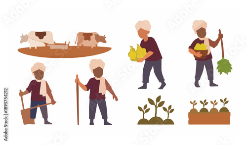 Rural South Asian Farmer Character Vector Set Illustration