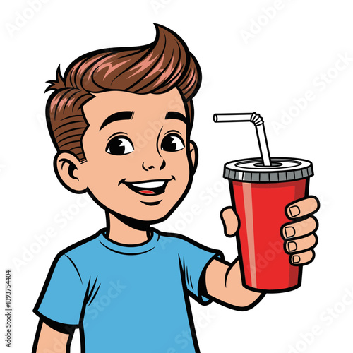 Happy Boy Drinking Soda Illustration – Cute Child with Soft Drink Cup for Kids, Beverage & Lifestyle Design