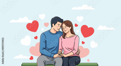 Couple Sitting Together with Love Hearts.