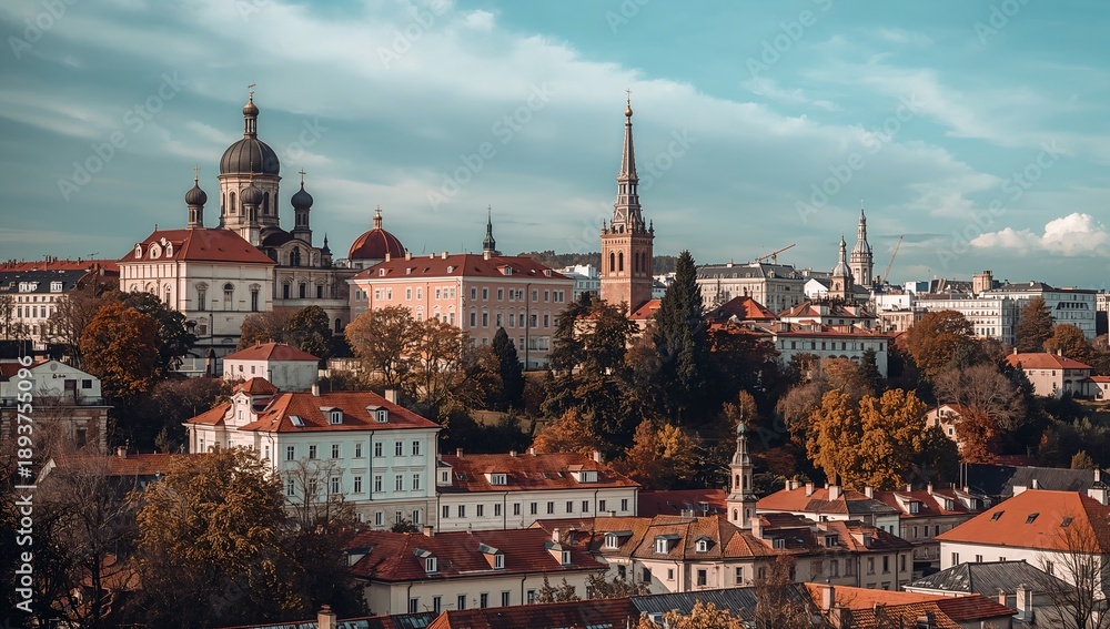 Obraz premium A picturesque cityscape with charming buildings under a cloudy sky. The architecture is a blend of styles, with domes and spires reaching towards the sky