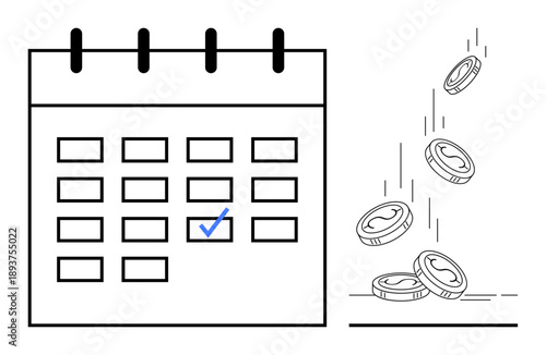 Budgeting, savings planning, financial scheduling, payment reminders, time management, goal tracking. A calendar with a marked date and coins falling nearby. Budgeting and savings planning concept