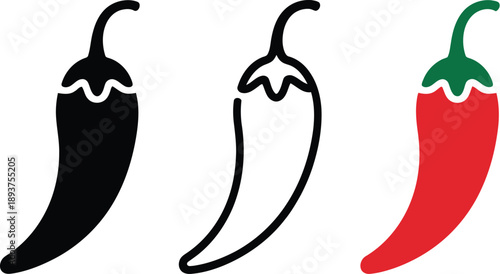 Pepper Icon, thin black outline pepper, pointed tip, curved stem illustration