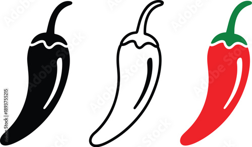 Pepper Icon, solid black pepper silhouette, pointed tip, curved stem