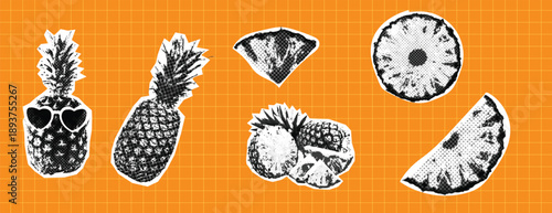 Vintage Retro pop art pineapple fruit collage with halftone texture on orange grid background trendy summer food illustration poster banner design template vector marketing advertising, Vintage pop a