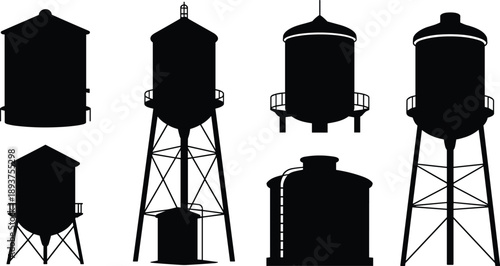 Industrial water tank silhouettes set, storage towers and reservoirs, urban infrastructure equipment, black isolated industrial illustration on white
