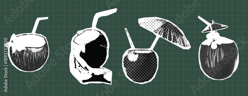 Vintage Retro pop art coconut fruit collage with halftone texture on orange grid background trendy summer coconut comic style, paper cutouts food illustration poster banner design template