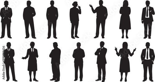 Silhouettes of business people in various professional poses and attire
