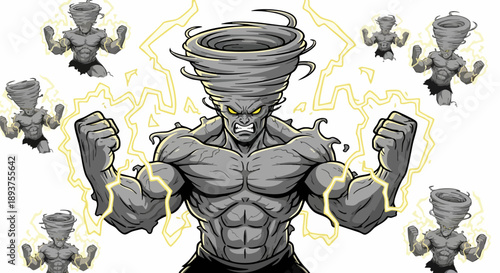 Powerful muscular tornado monster exhibiting immense fury and generating surrounding electrical lightning strikes on white background