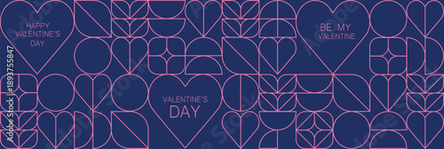 Geometric Valentines background pattern in minimalist style. Geometric line drawing.Valentines Day seamless pattern  Hearts Banner with Abstract Shapes