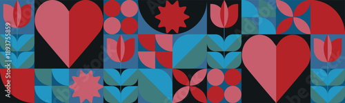 Geometric Valentines background pattern in minimalist style. Geometric line drawing.Valentines Day seamless pattern  Hearts Banner with Abstract Shapes