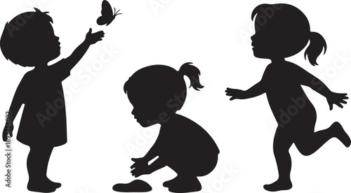 Naive kids silhouette set, kids playing a playground flat black illustration