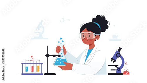 Female Scientist Examining Laboratory Equipment and Samples.