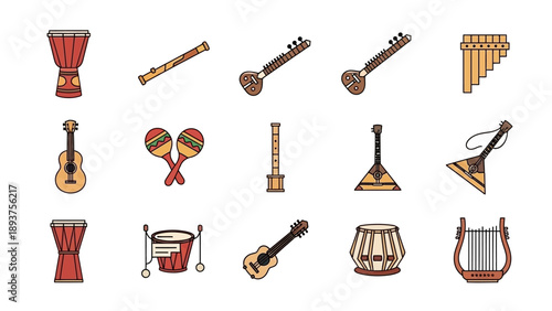 Collection of Various Musical Instruments Icons.