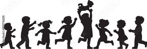 A set of naive kids playing vector silhouette, baby enjoy flat black illustration art