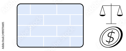 Law, finance, stability, justice, legal system, economic balance. A brick wall stability a scale and dollar icon highlight justice and financial fairness. Law and finance