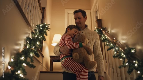 Father Carrying Sleeping Son With Teddy Bear Down Christmas Decorated Staircase
