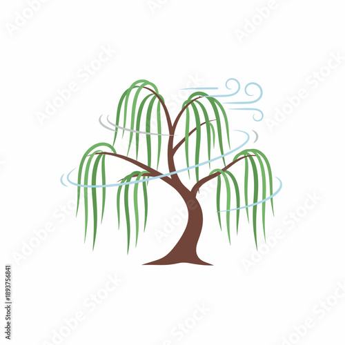 Stylized illustration of a green weeping willow tree being blown by light blue wind gusts