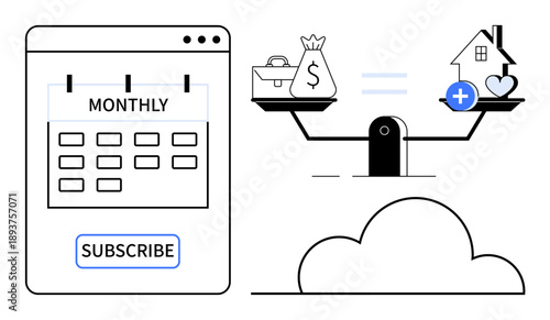 Subscription model. Subscription service icon with calendar feature monthly scheduling. Subscription promotes balanced finances, recurring payments, and convenience. For budgeting apps, planning