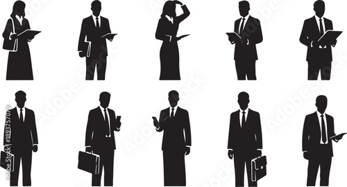 Silhouettes of business professionals in various poses and attire