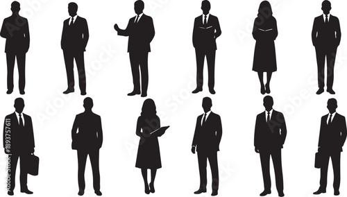 Silhouettes of business professionals in various poses and attire