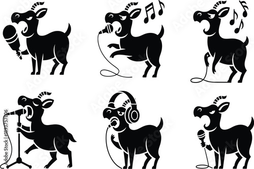 Six black silhouette goats singing and holding microphones