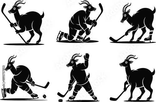 Six black silhouettes of goats playing ice hockey sport