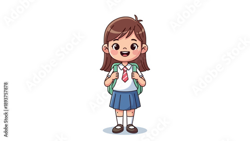 Young Cartoon Schoolgirl with Backpack Standing.