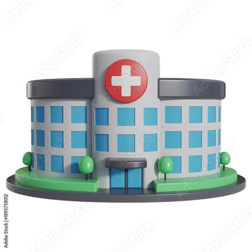 Stylized medical building with red cross hospital healthcare