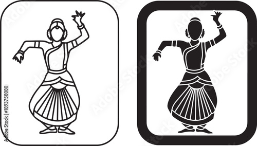 Bharatanatyam Silhouettes of dancers in traditional attire isolated on white background, illustration