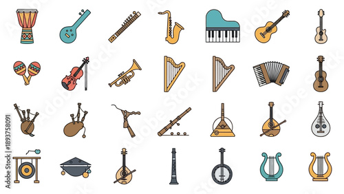 Collection of Various Musical Instruments Icons.