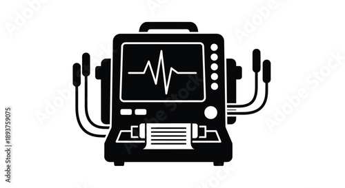 Black and white illustration of a medical heart monitor with attached leads