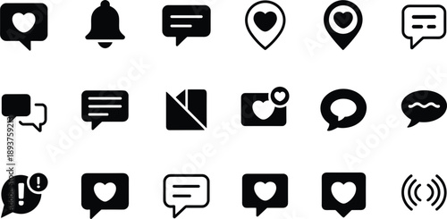 Black Icons Representing Social Media Notifications and Communication Keywords: icon, notification, message, chat, bell, heart