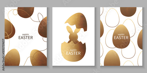 Happy Easter greeting card poster collection with Elegant and trendy design template for Easter holiday. Luxury minimalist background with brown eggs and bunny,illustration of an Easter eggs on white