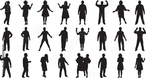 Collection of black silhouettes of people in various poses