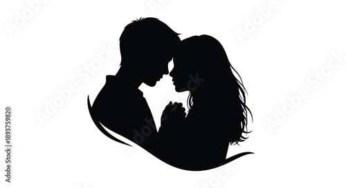 Silhouette of a couple embracing heads close together in love