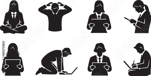 Silhouettes of people working with laptops in various poses