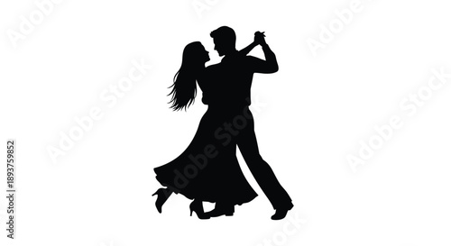 A silhouetted couple gracefully embraces while dancing a romantic ballroom dance