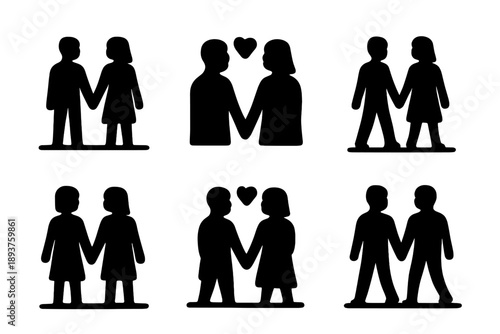 Silhouetted Couple Icons. Silhouetted couple. Filled icon set of Silhouetted couple: standing pair, close