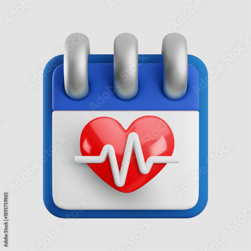 Vector cartoon 3d health and cardiology medical care planning icon. 3d render of calendar and heart with pulse line. Medicine schedule, wellness reminder symbol, cardio healthcare planner app icon.