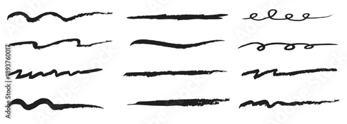 Hand drawn underline and text divider set. Grunge pencil scribbles, wavy brush strokes, and rough separators.