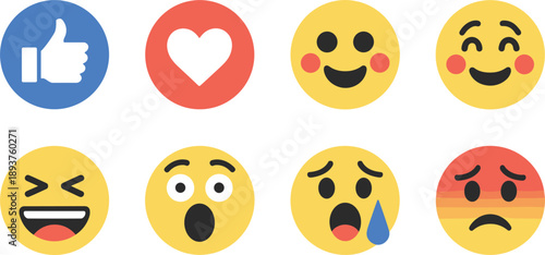 Set of Social Media Reaction Emojis and Icons on White Background Keywords: emoji, reaction, like, heart, love, happy, laughing