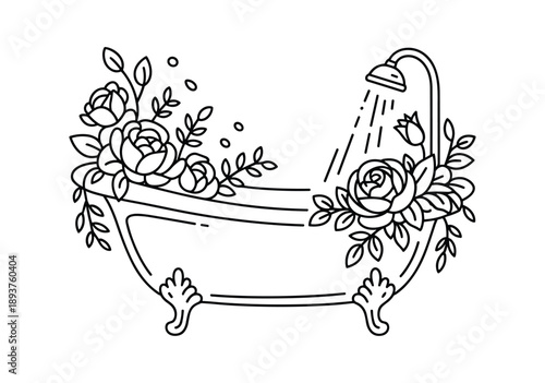 Ornate vintage bathtub adorned with blooming roses and leaves under a gentle shower spray