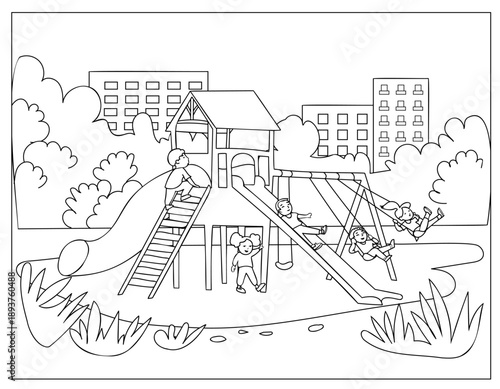 Kids playing on the playground equipment, colouring book page for children, black and white outline vector illustration.